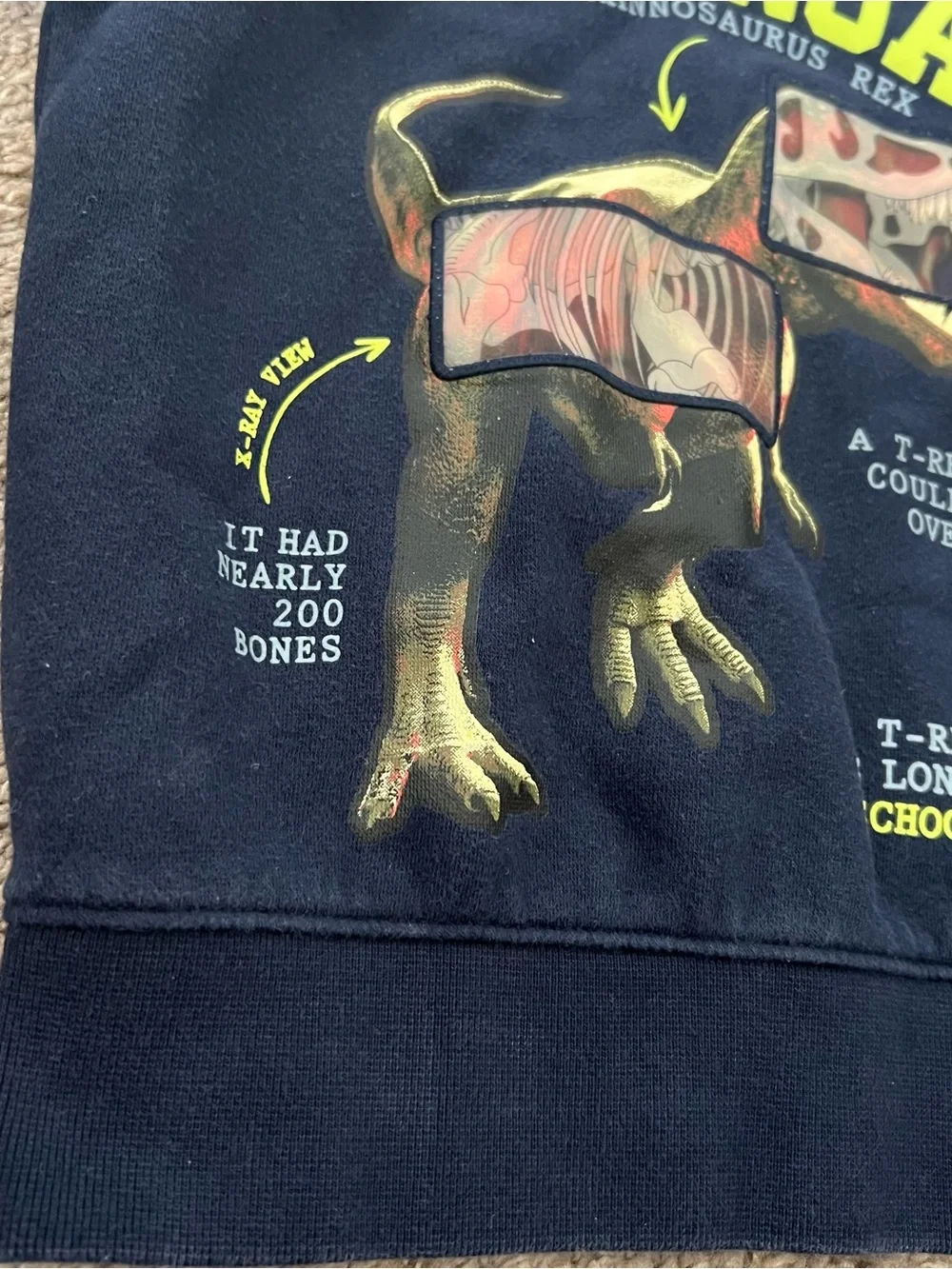 GAP Navy Cotton Blend Hoodie with Neon Yellow 'DINO-ROAR!' Graphic Size 4
